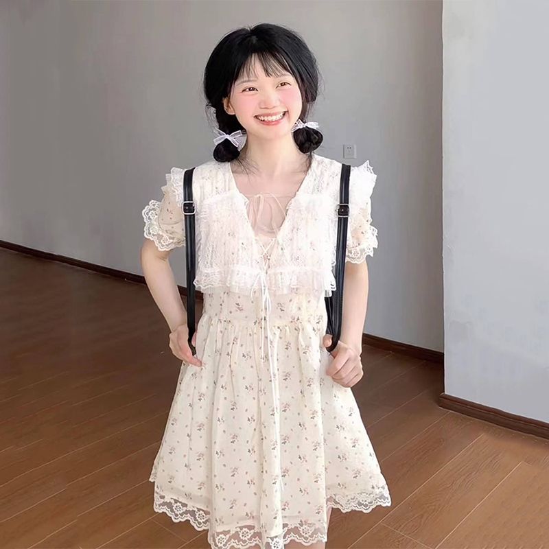 學院風甜美清新小個子復古海軍領連衣裙2023夏日上新女學生碎花裙