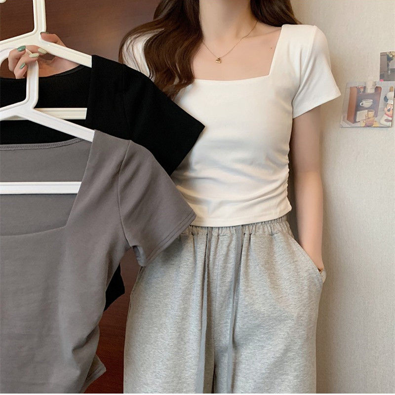 Summer 2023 new pure cotton slimming wrinkle American design square collar short t-shirt top short-sleeved female ins