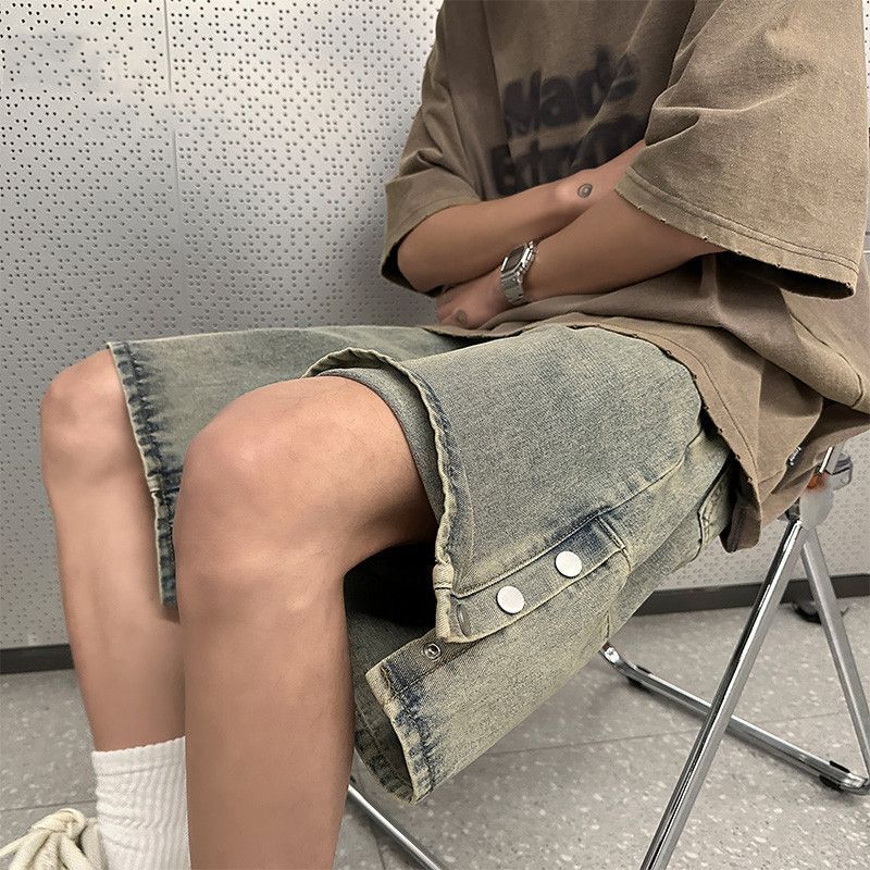 排扣開衩重磅牛仔短褲男夏季美式高街做舊復古五分褲潮牌大碼褲子