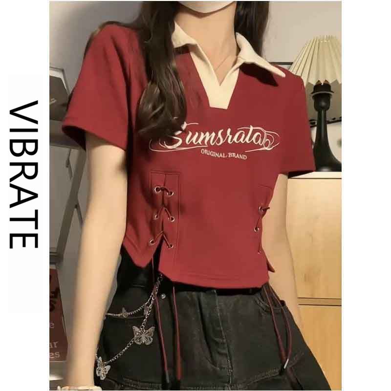 VIBRATE Korean version of the American hot girl style letter embroidery short-sleeved T-shirt women's summer tie-up slim-fit short top