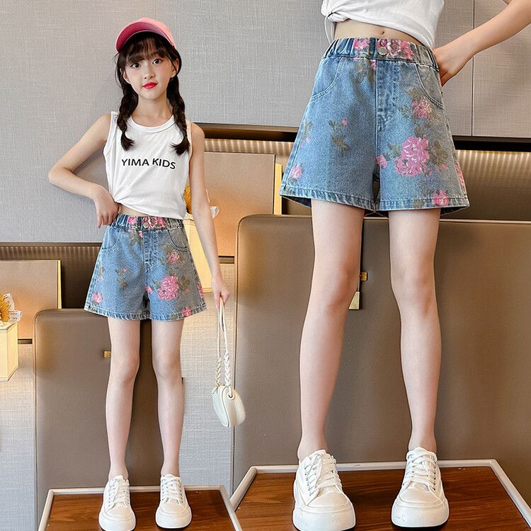 Girls denim shorts children's Korean version high waist loose hot pants  new summer thin section big boys and girls pants