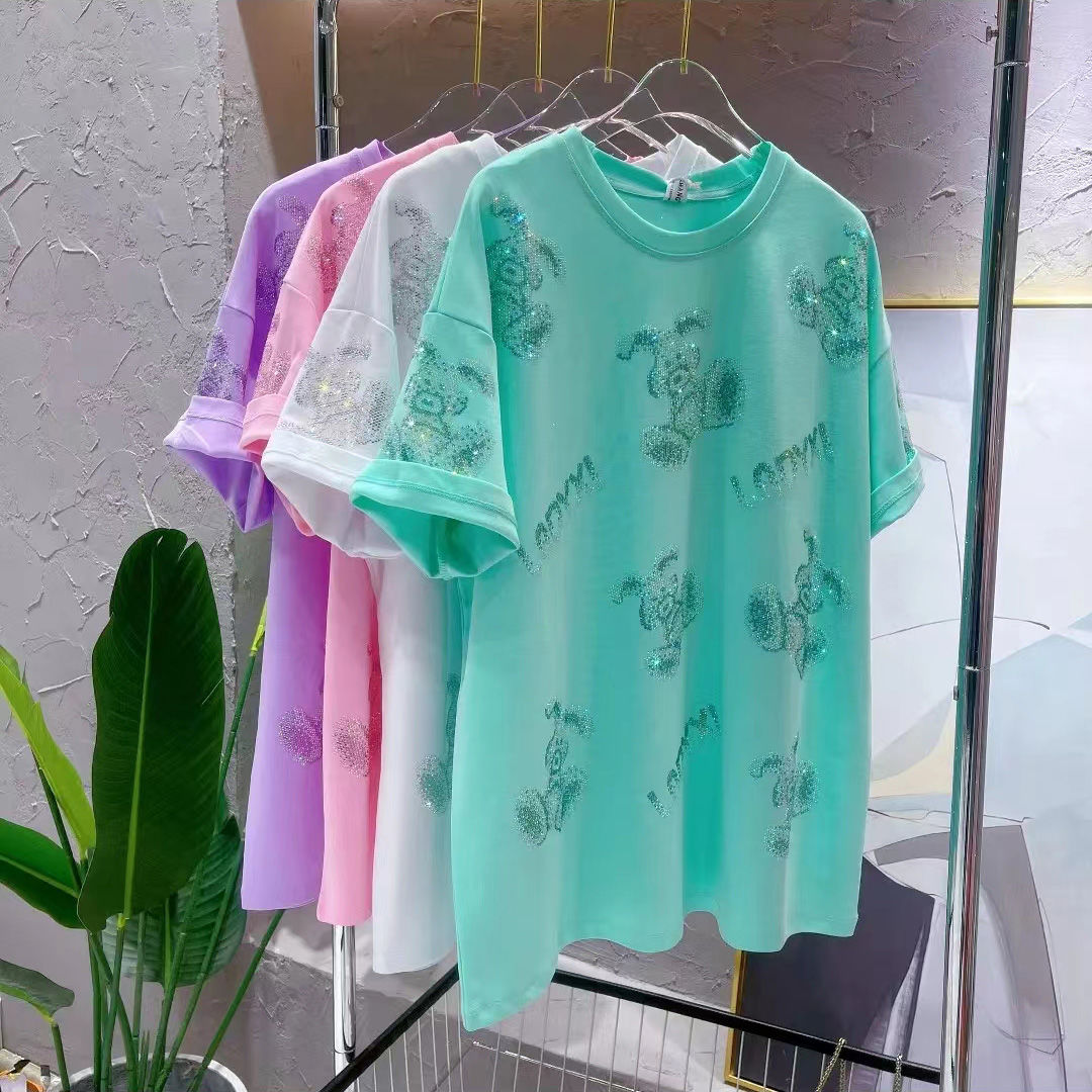 European station high-quality heavy industry hot diamond T-shirt women's 2023 summer new foreign style age-reducing all-match short-sleeved top clothes