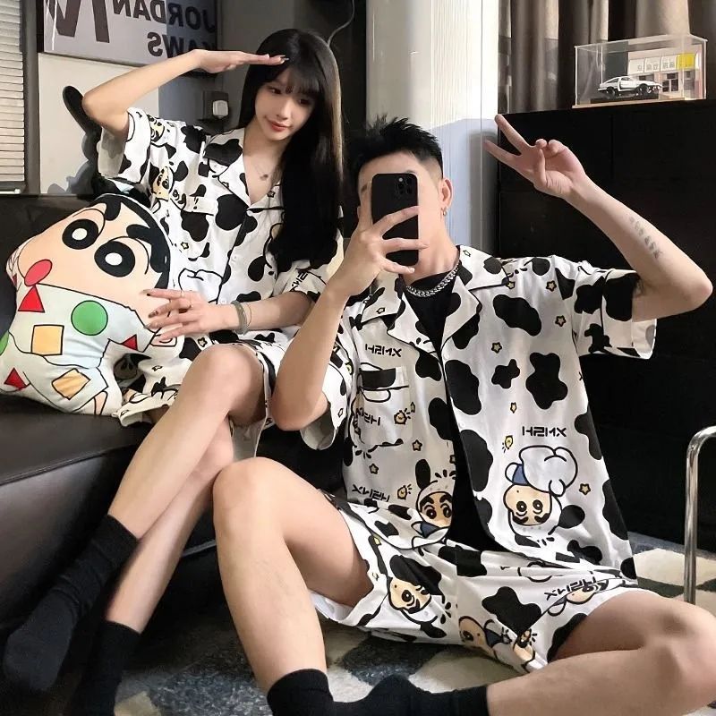 蠟筆小新情侶睡衣女夏季短袖奶牛日系ins男士夏天家居服套裝外穿