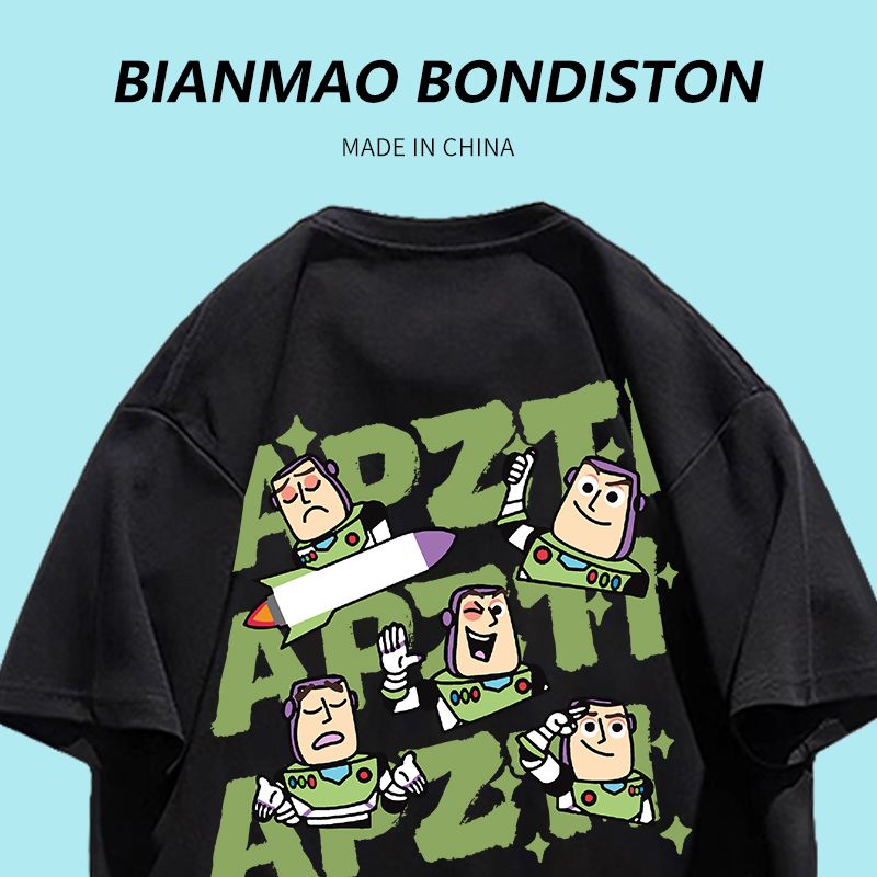 2023 summer new heavy cotton couple outfit Buzz Lightyear t-shirt ins black trend men's and women's short-sleeved tops