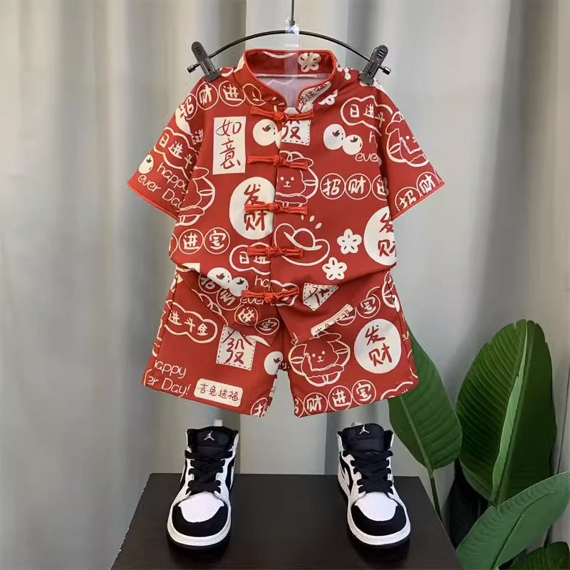 男童漢服短袖套裝2023新款洋氣寶寶夏裝衣服小兒童酷帥中國風唐裝