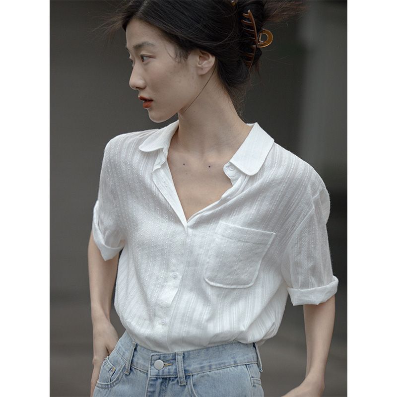 格瑞吉奧白色短袖襯衫女小個子設計感小眾氣質襯衣夏季百搭上衣
