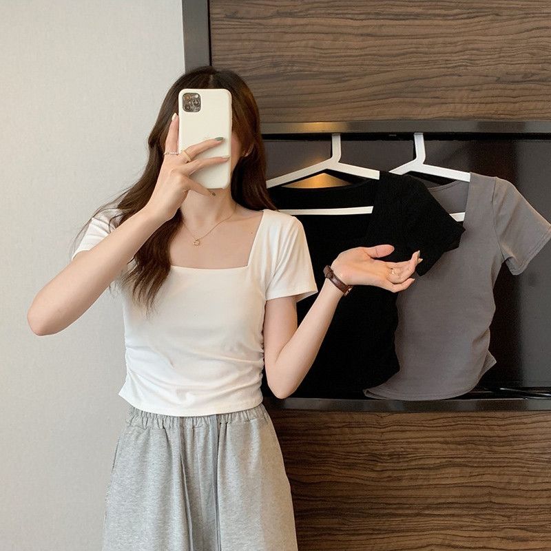 Square collar front shoulder short-sleeved t-shirt women's summer design sense niche hot girl pure desire pure cotton slim fit short top ins