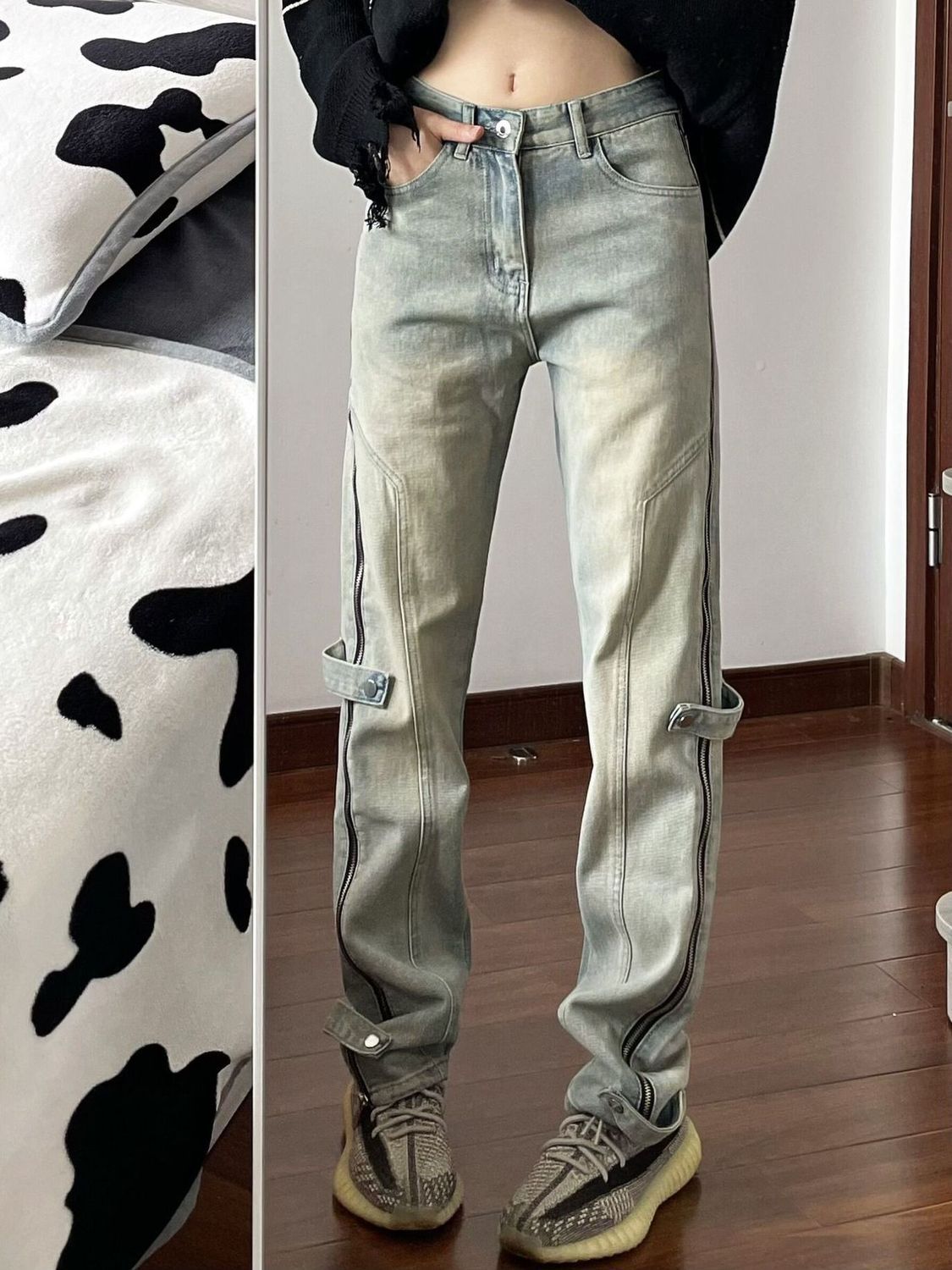 美式高街復古水洗側邊拉鏈牛仔褲女設計感顯瘦直筒窄版闊腿長褲子