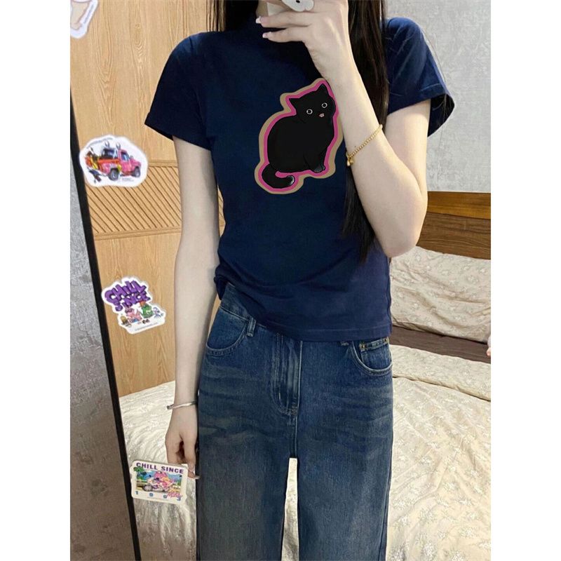 100% pure cotton navy blue kitten print front shoulder short-sleeved T-shirt women's summer slim waist cover meat INS top tide