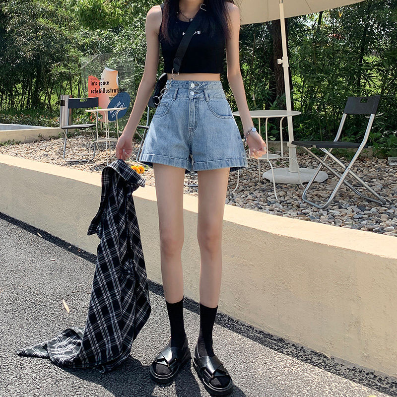 寬鬆薄款闊腿顯瘦a字辣妹高腰牛仔短褲女2023年夏季新款超短熱褲