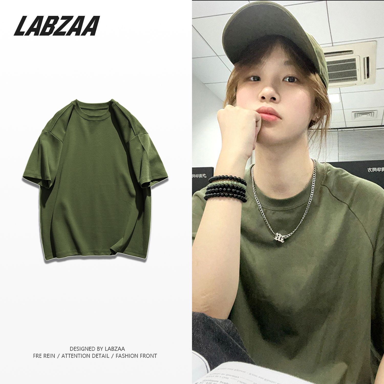 Heavy cotton short-sleeved T-shirt women's summer army green oversize loose all-match solid color basic version top trend