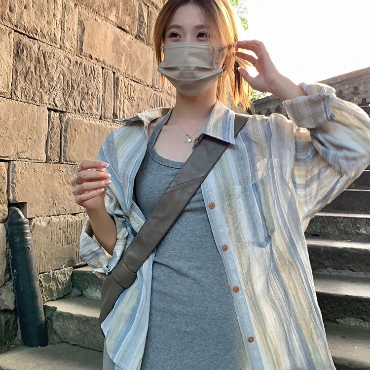 格瑞吉奧條紋港風長袖襯衫女防曬外套設計感小眾襯衣外搭復古上衣