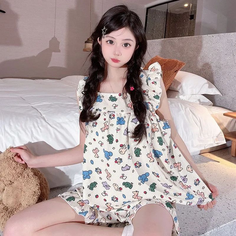 爆款睡衣女夏天泡泡縐甜美薄款吊帶睡衣套裝兩件套家居服ins風