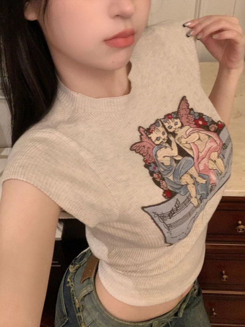 2023夏季新款甜美洋氣針織繡花後腰性感鏤空系帶圓領短t恤上衣女