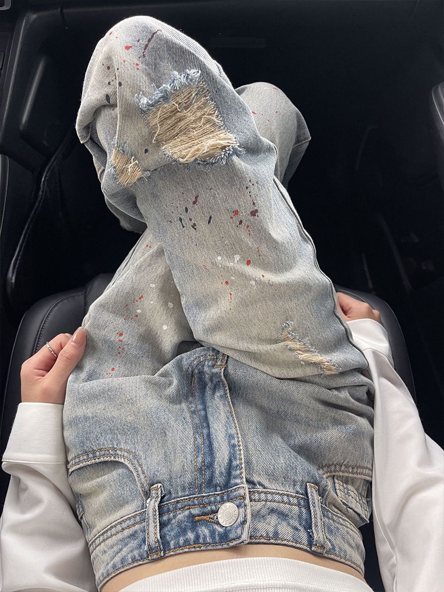 大碼胖mm做舊破洞高腰牛仔褲女夏季寬鬆闊腿設計感高街百搭直筒褲