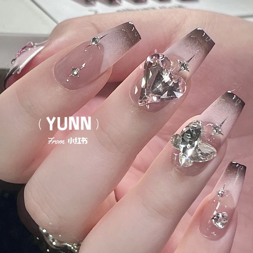 小布丁手工穿戴甲光療成品指尖暈染粉墨法式美甲少女滿鑽奢華甲片
