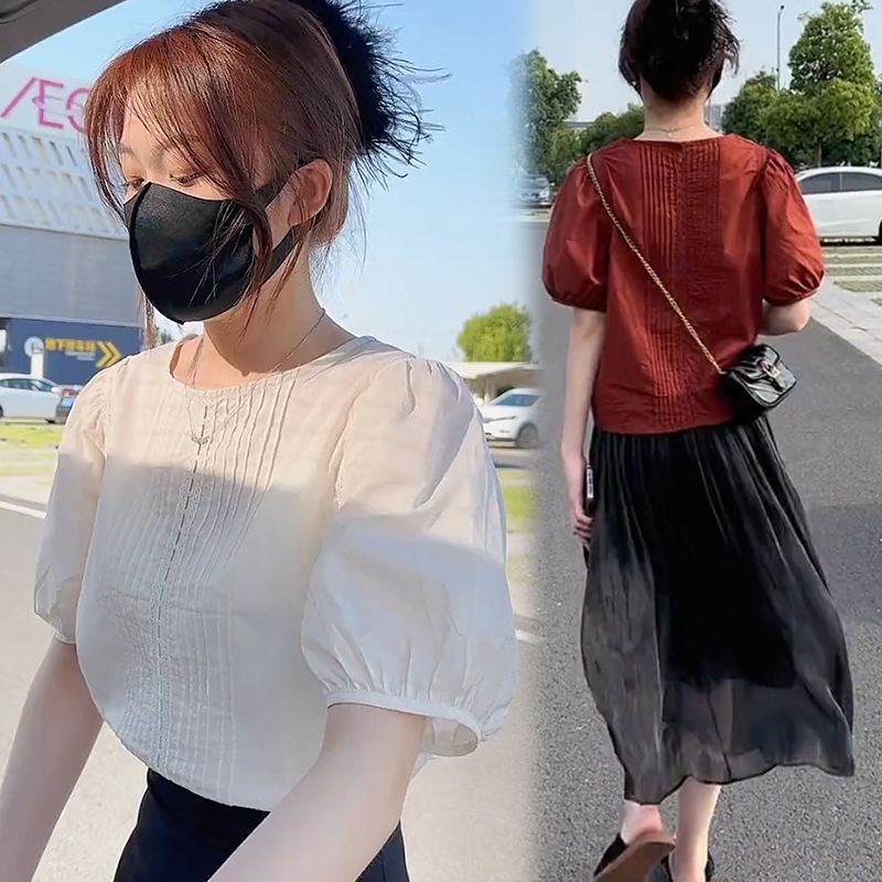 藍海奕諾寬鬆泡泡袖短款襯衫半身裙套裝女2023夏新款顯瘦兩件套潮