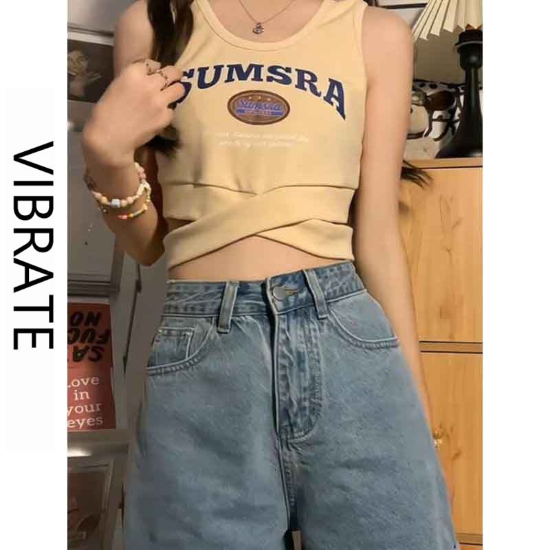 VIBRATE美式復古辣妹吊帶背心短款無袖上衣夏季新款T恤女裝ins