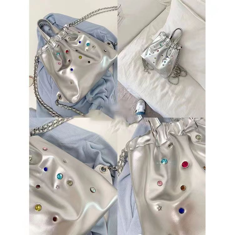 Korean niche women's bag leather stitching colored gemstone chain backpack drawstring handbag