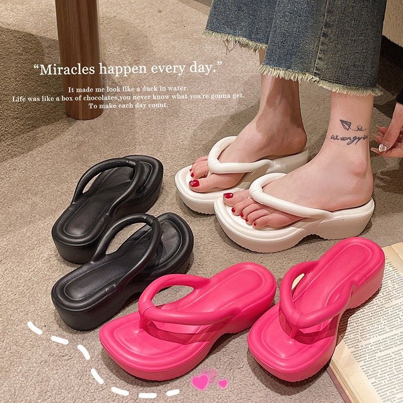 Increased thick-soled flip-flops for women's outerwear summer fashion non-slip flip-flops seaside beach shoes high-heeled women's sandals