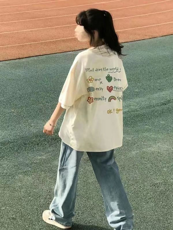 100%純棉夏季新款高街日式短袖t恤女個性原宿風寬鬆甜美潮牌上衣