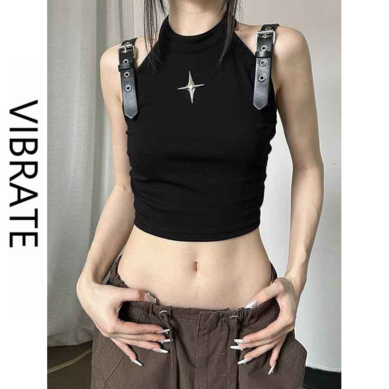 VIBRATE韓版修身無袖腰帶扣小眾設計搞怪女孩露臍印花設計背心ins