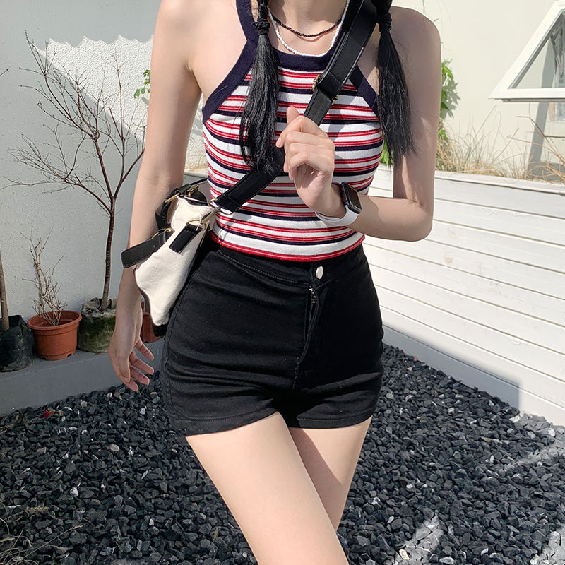 2023新款夏季薄辣妹彈力牛仔短褲女高腰百搭性感包臀A字顯瘦熱褲
