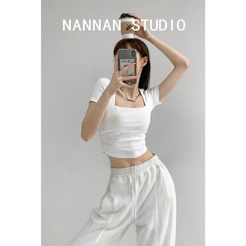 Large size fat mm square collar front shoulder short-sleeved t-shirt female summer hot girl pure cotton slimming cover belly American short top ins