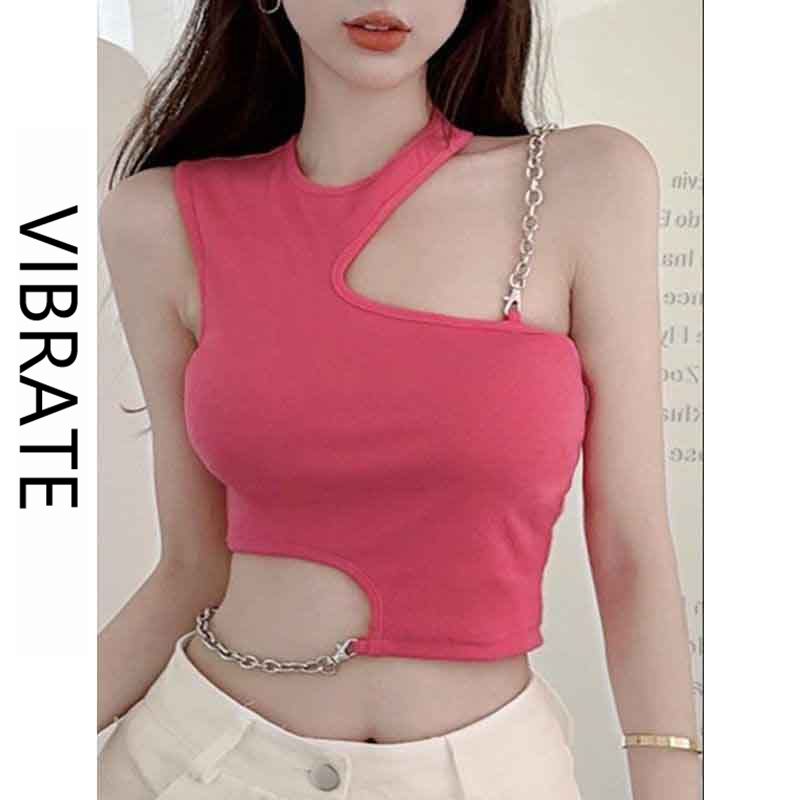 VIBRATE韓版甜辣不規則設計感鏈條露臍美背背心女內搭外穿上衣ins