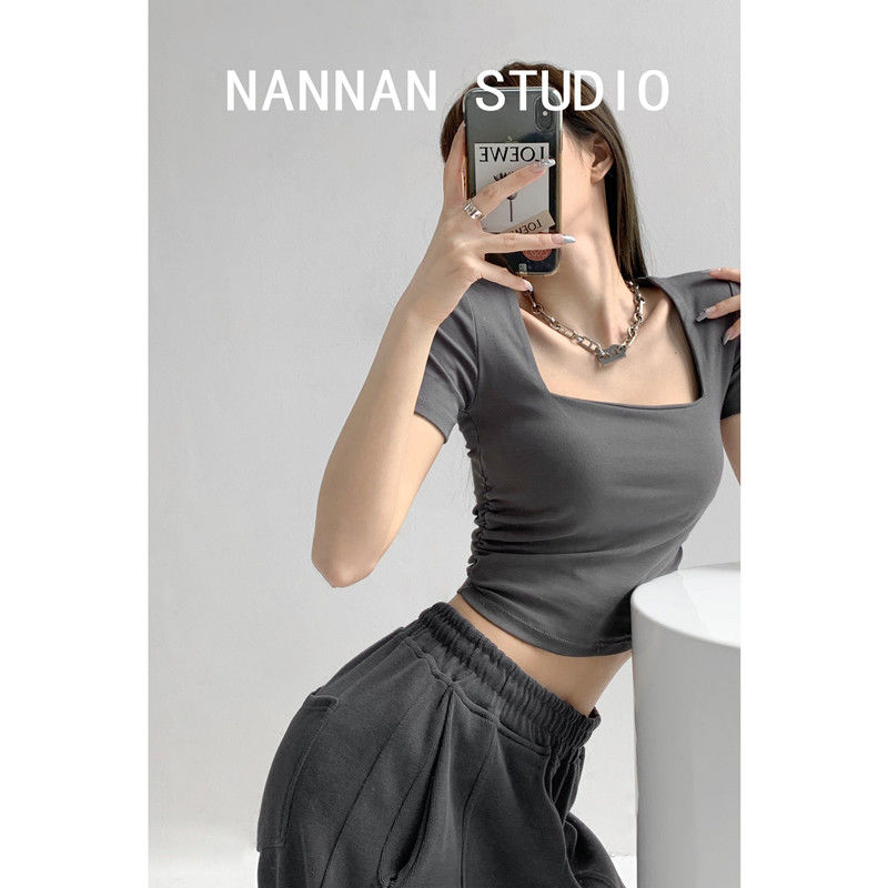 T-shirt women's short-sleeved square collar short top summer high waist tight cotton low collar ins t-shirt hot girl style pure desire wind