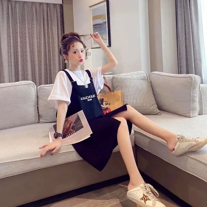 Fat MM extra large size 300 catties suit skirt  summer loose Tibetan meat slimming T-shirt strap dress two-piece set