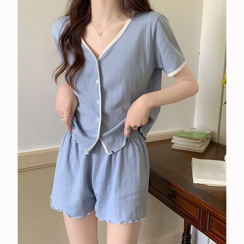 睡衣女夏季短袖短褲精梳棉2023年新款少女純欲風薄款棉家居服套裝
