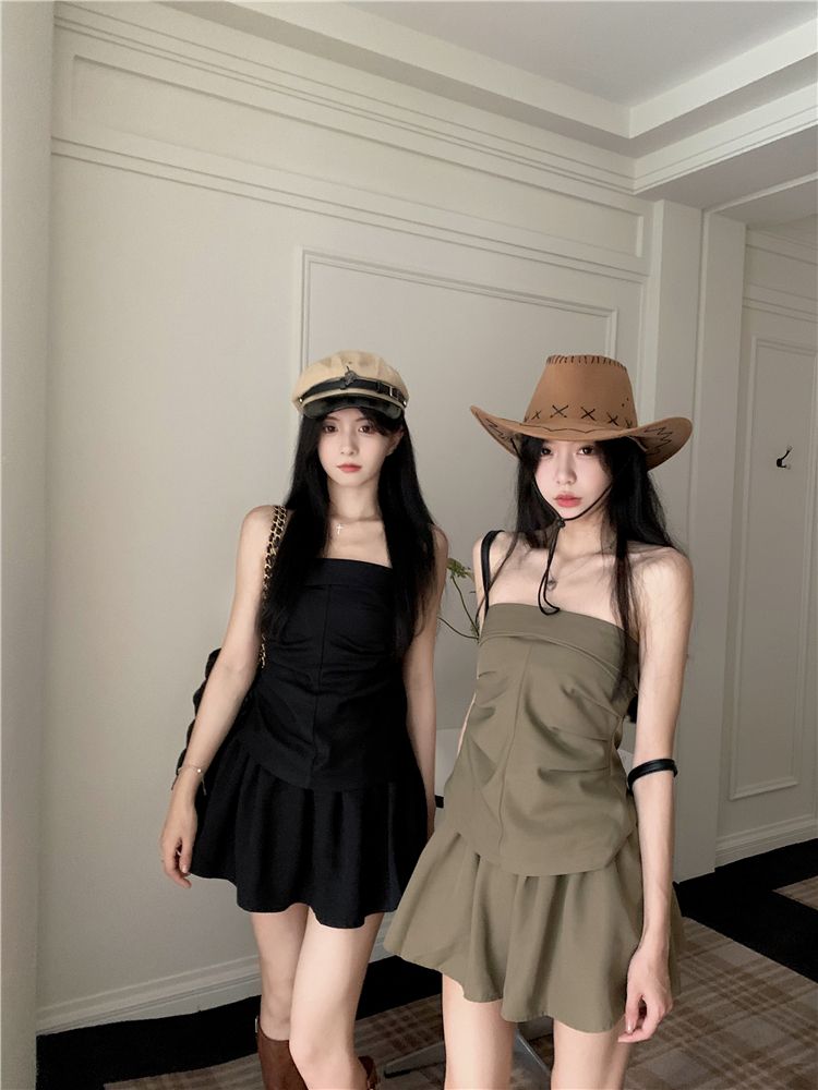 甜辣妹套裝女小眾設計感抹胸背心上衣夏季高腰短裙半身裙子兩件套