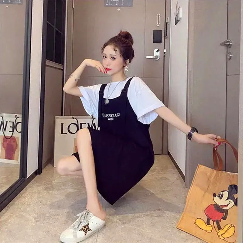 Fat MM extra large size 300 catties suit skirt  summer loose Tibetan meat slimming T-shirt strap dress two-piece set