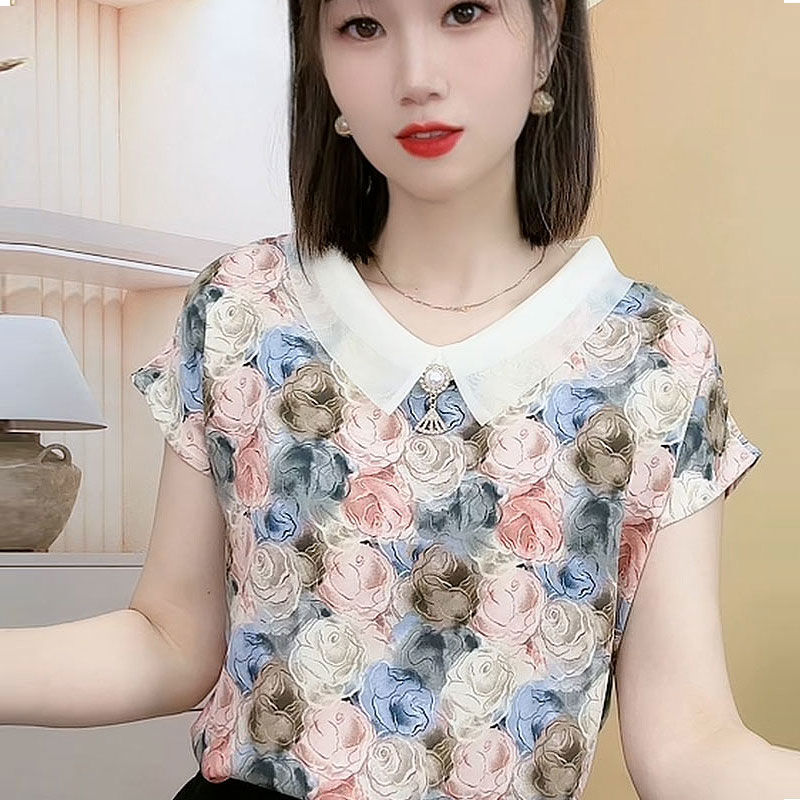 雪紡衫女夏上衣2023年新款短袖高檔洋氣小衫寬鬆百搭顯瘦遮肚襯衫