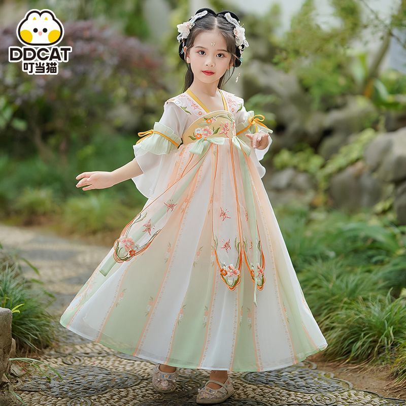 叮噹貓漢服女童夏季薄款古風裙子兒童小女孩古裝中國風超仙連衣裙