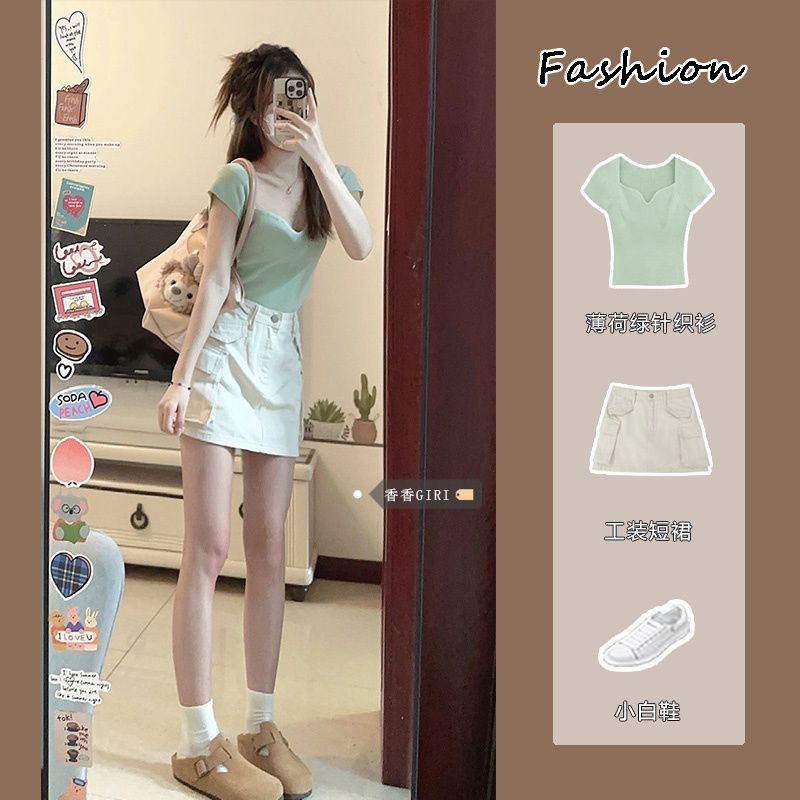 甜美風方領薄荷綠針織衫套裝女夏高腰牛仔工裝裙辣妹短袖t恤上衣