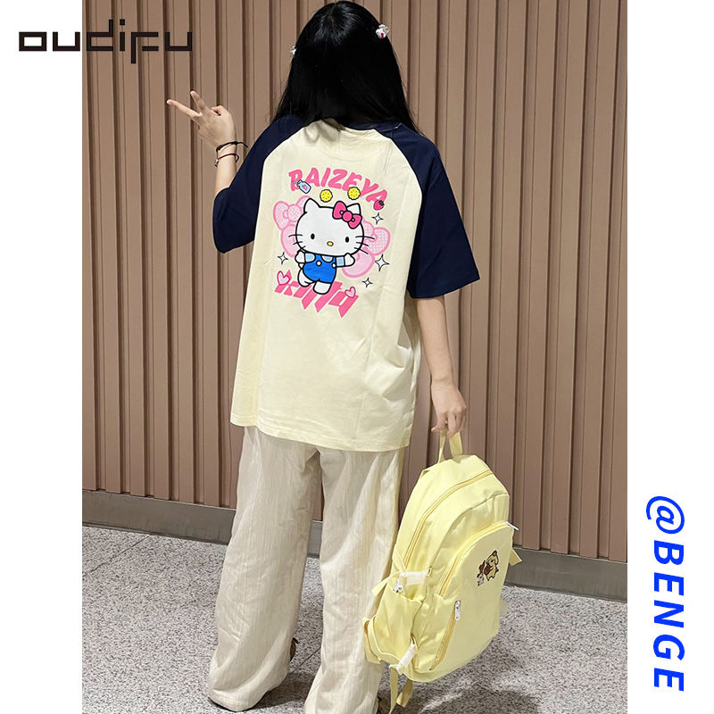 OUDIFU100%純棉240G短袖T恤女夏季2023新款多巴胺ins百搭情侶上衣