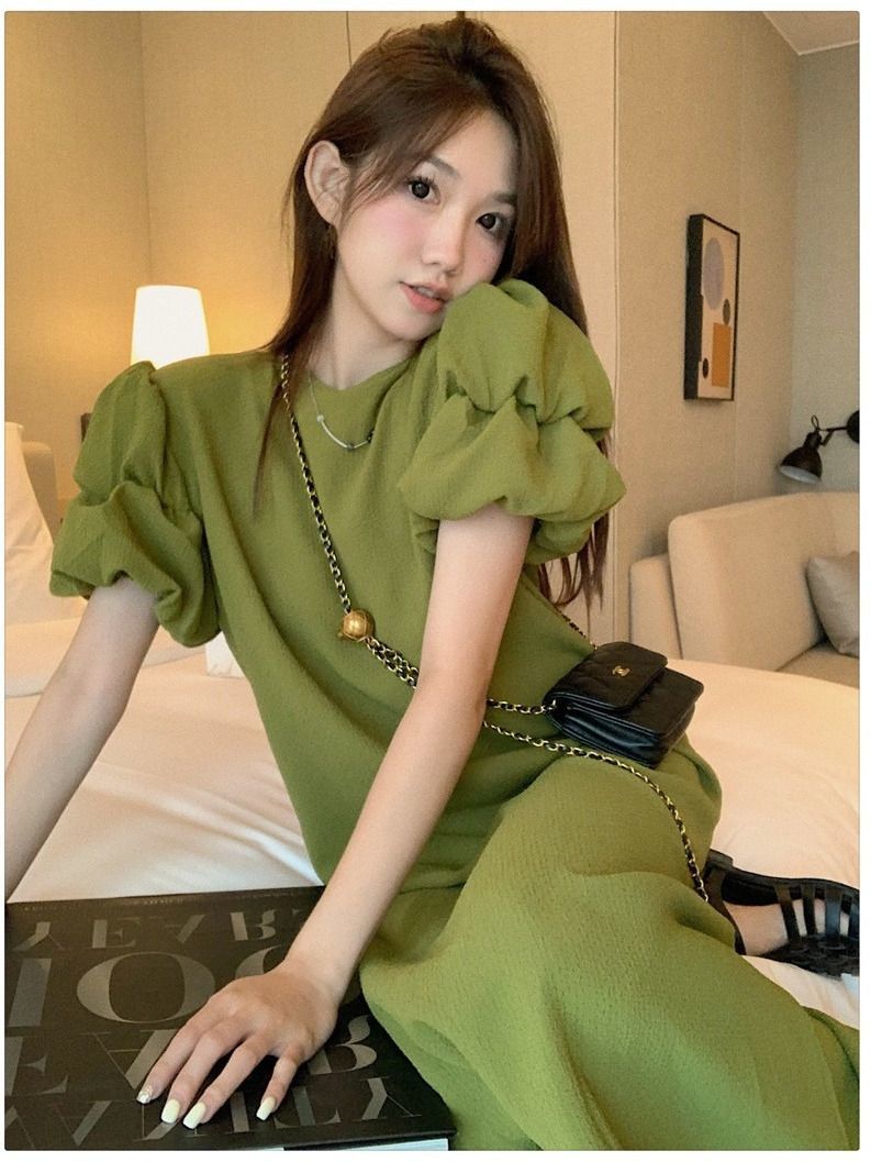 Summer casual loose lazy wind green dress new Chinese style to cover belly meat and look thin and long straight straight long skirt