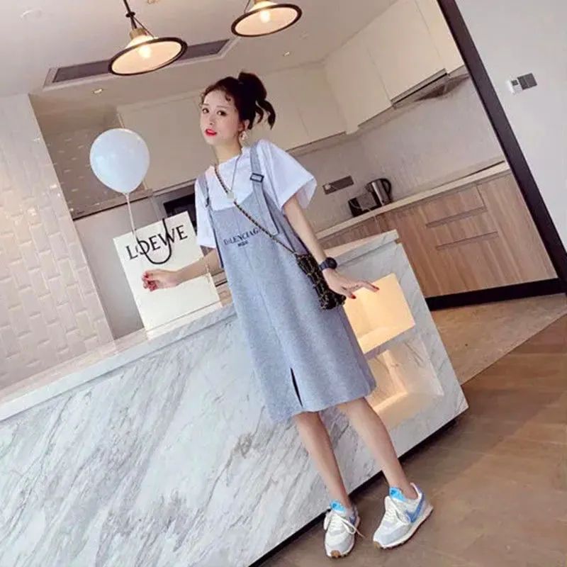 Fat MM extra large size 300 catties suit skirt  summer loose Tibetan meat slimming T-shirt strap dress two-piece set