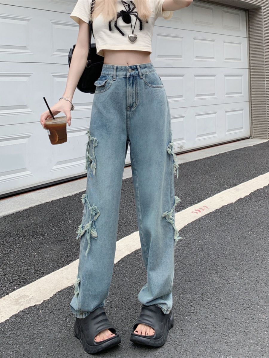 設計感小眾美式復古高街牛仔褲女夏季大碼直筒高腰顯瘦闊腿褲子潮