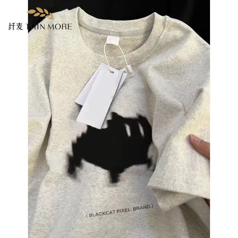纖麥100%純棉短袖T恤半袖女夏季幻影貓上衣設計感小眾學院風ins潮