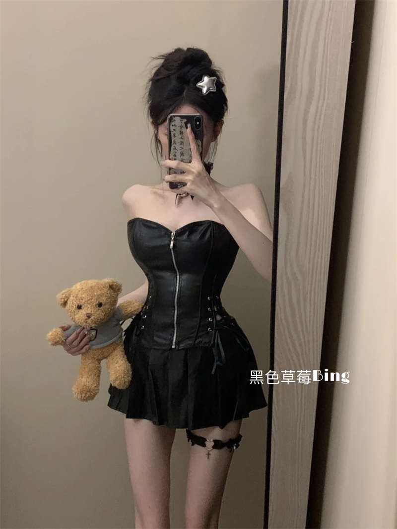 美式辣妹PU皮抹胸背心女夏季2023新款機車復古設計感拉鏈緊身上衣