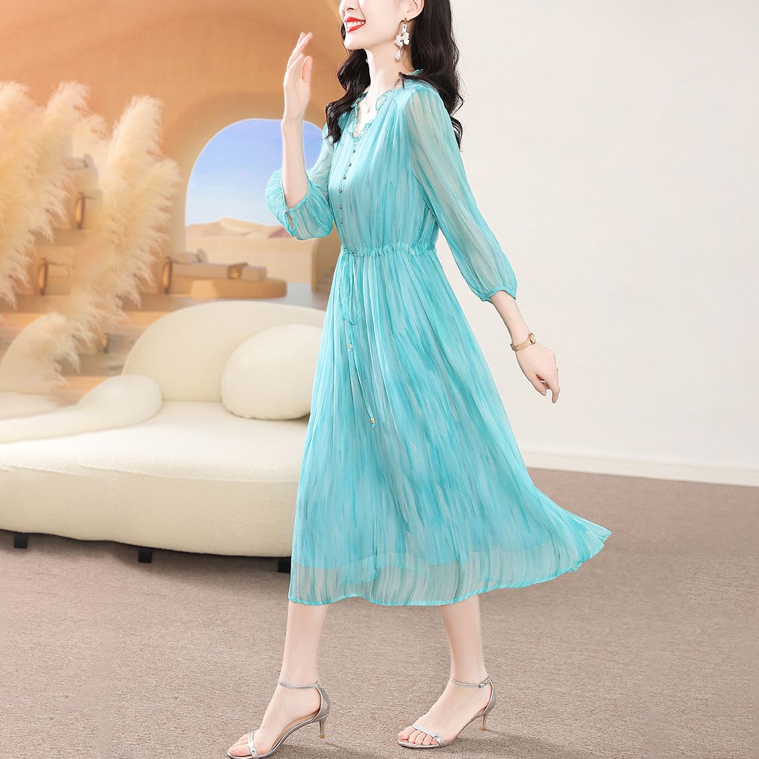 法式氣質真絲大牌連衣裙2023夏季新款洋氣媽媽桑蠶絲收腰顯瘦長裙
