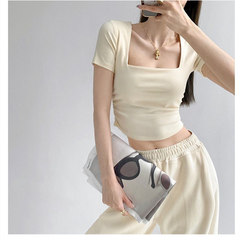 Square collar French cotton tops, shoulders, short sleeves, women's waist, thin, short tight-fitting t-shirts, new all-match niche ins