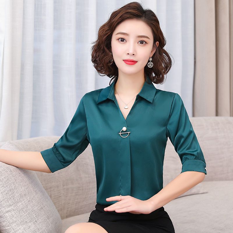 垂感襯衫女2023夏季新款時尚氣質中袖職業V領修身上衣女