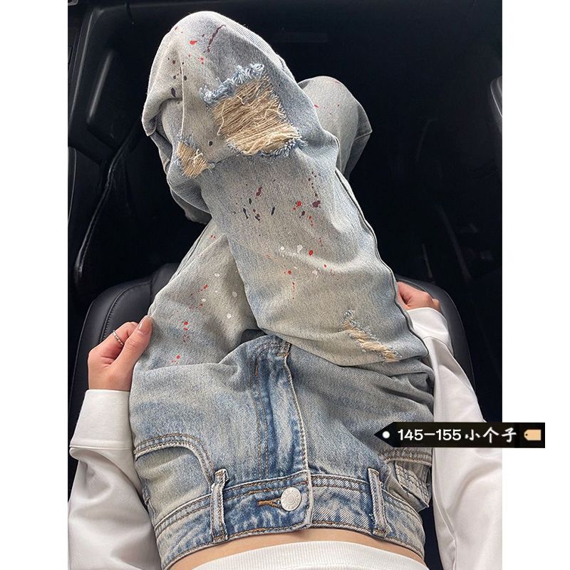 小個子復古破洞潑墨牛仔褲女夏季新款高腰直筒顯瘦寬鬆闊腿長褲潮