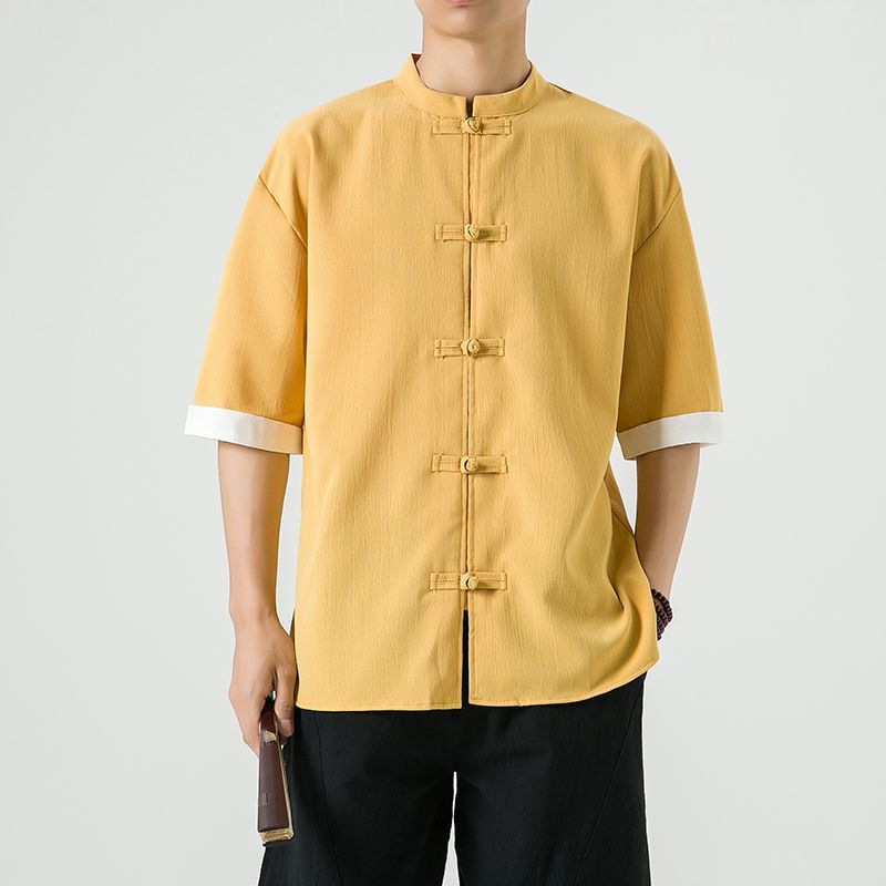 中式复古休闲盘扣唐装短袖衬衫中国风宽松大码茶服半袖禅修居士服 detail 13