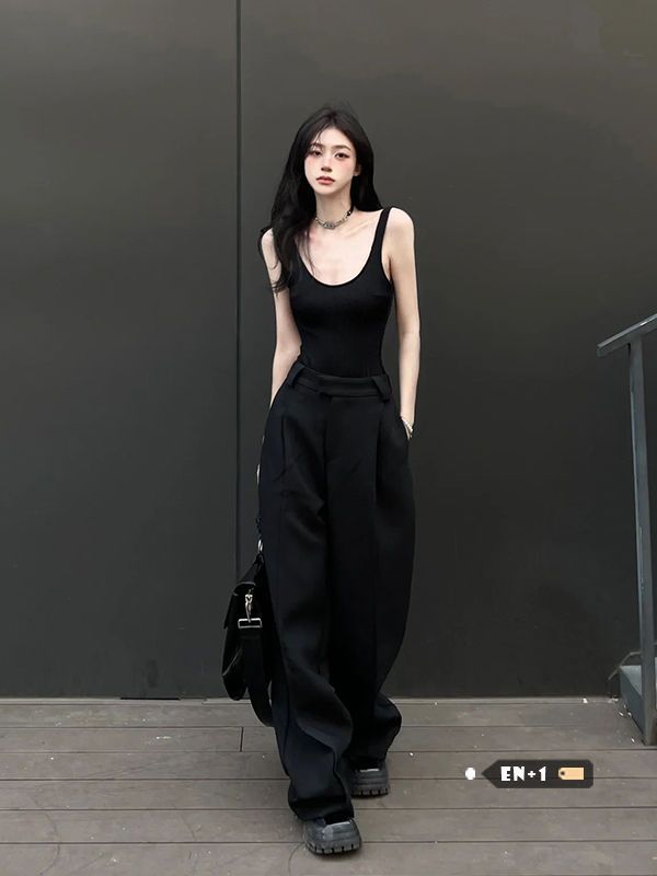 純欲風黑色露背連體吊帶背心套裝女夏季高腰顯瘦闊腿褲百搭拖地褲