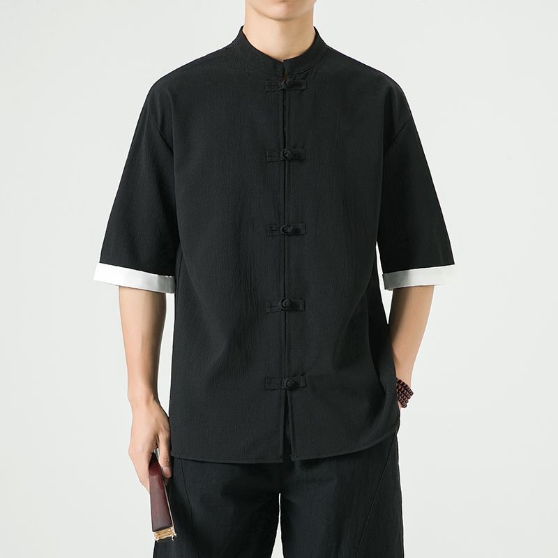 中式复古休闲盘扣唐装短袖衬衫中国风宽松大码茶服半袖禅修居士服 4